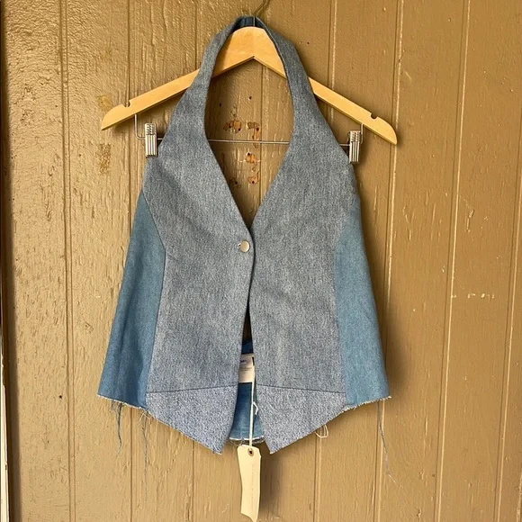 Free People X Tricia Fix repurposed Blue Denim Halter Top